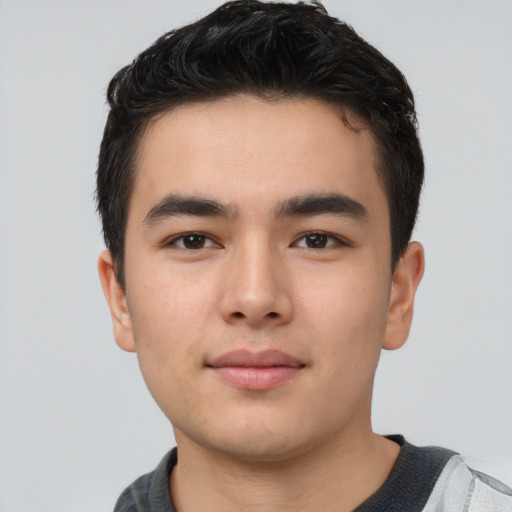 Neutral asian young-adult male with short  black hair and brown eyes