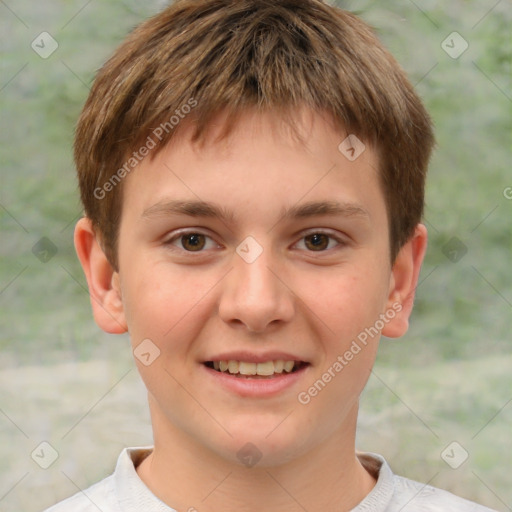 Joyful white child male with short  brown hair and brown eyes