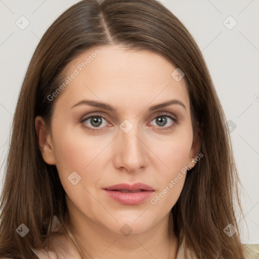 Neutral white young-adult female with long  brown hair and brown eyes