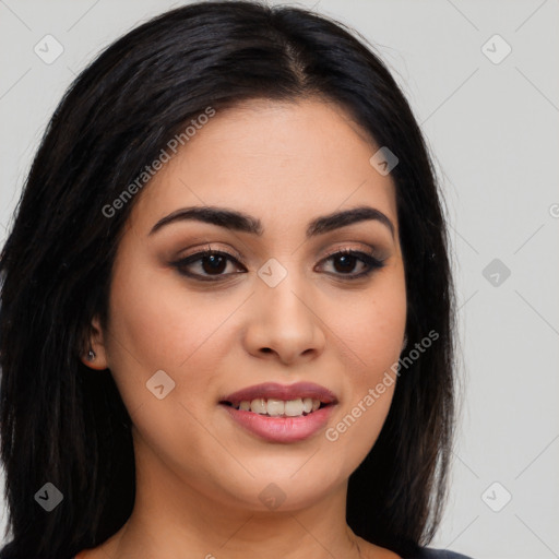 Joyful white young-adult female with long  brown hair and brown eyes