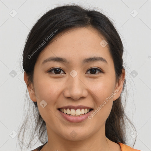 Joyful white young-adult female with medium  brown hair and brown eyes