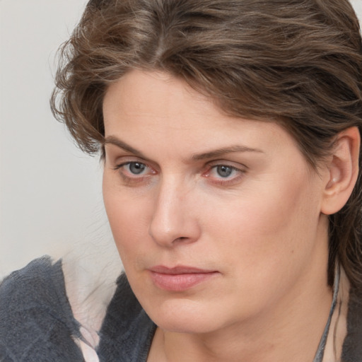 Neutral white young-adult female with medium  brown hair and grey eyes