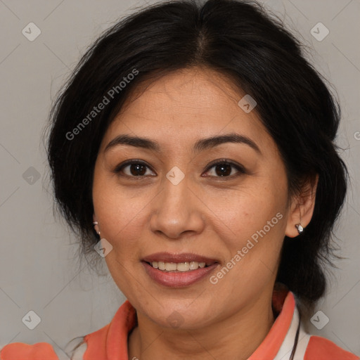 Joyful white adult female with medium  brown hair and brown eyes