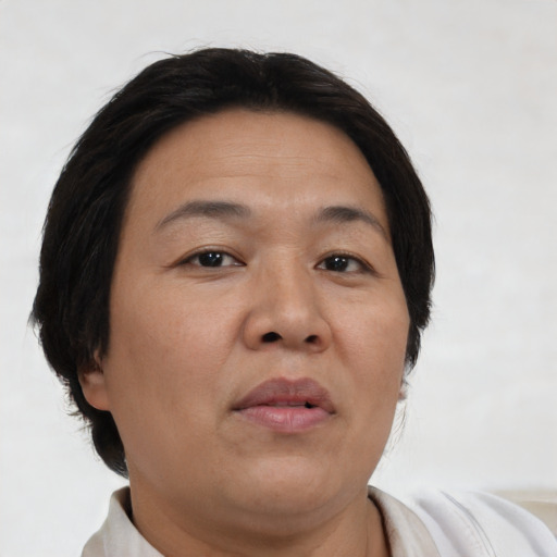 Neutral asian adult female with short  brown hair and brown eyes