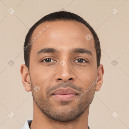 Neutral white young-adult male with short  brown hair and brown eyes