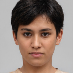 Neutral white young-adult female with short  brown hair and brown eyes