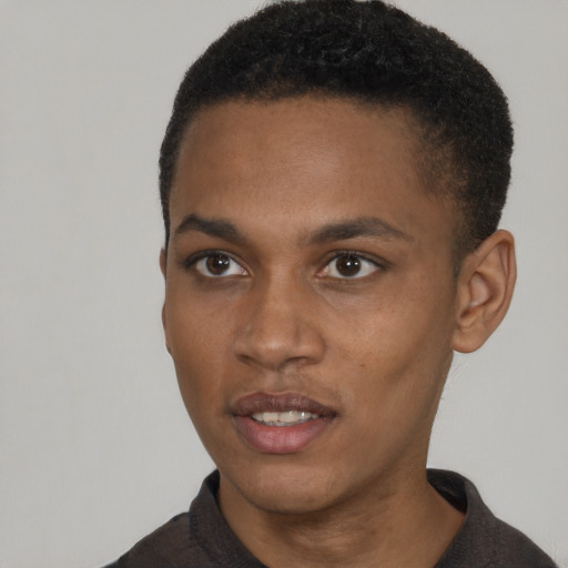 Neutral black young-adult male with short  brown hair and brown eyes