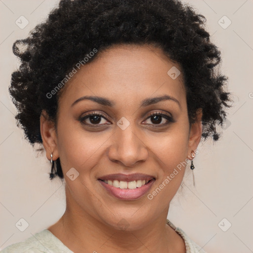 Joyful black young-adult female with short  brown hair and brown eyes