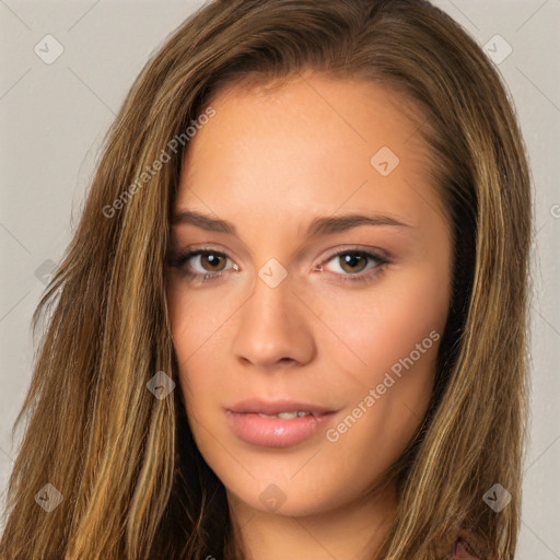 Neutral white young-adult female with long  brown hair and brown eyes