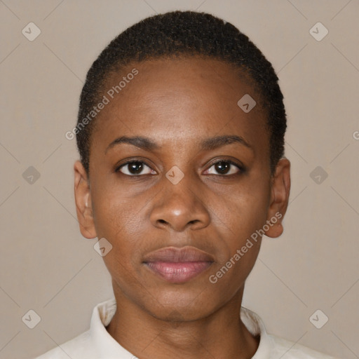 Neutral black young-adult female with short  black hair and brown eyes