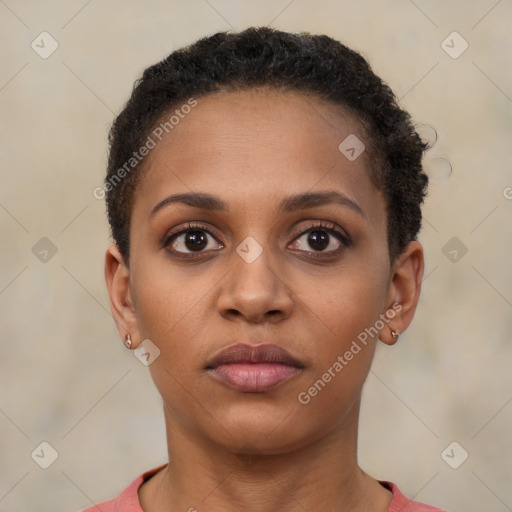 Neutral black young-adult female with short  brown hair and brown eyes