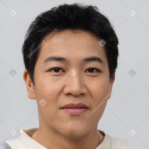 Joyful asian young-adult male with short  black hair and brown eyes