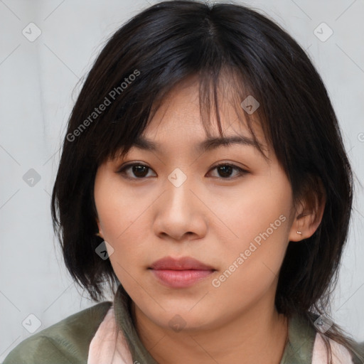 Neutral asian young-adult female with medium  brown hair and brown eyes