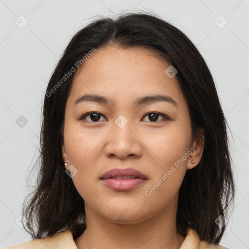 Joyful asian young-adult female with medium  brown hair and brown eyes