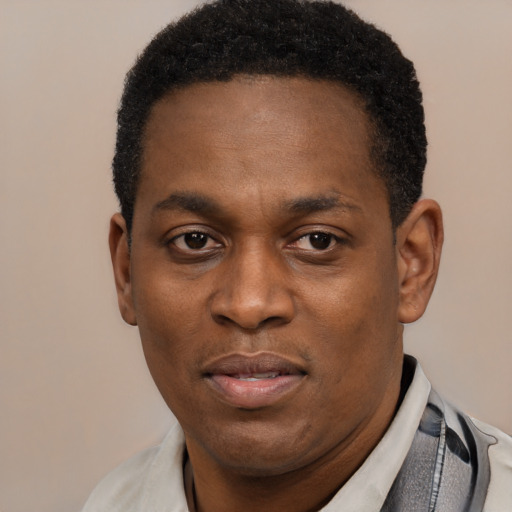Joyful latino adult male with short  black hair and brown eyes