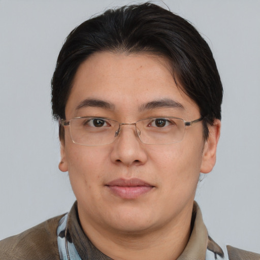 Neutral asian adult male with short  brown hair and brown eyes