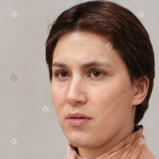 Neutral white young-adult female with short  brown hair and brown eyes