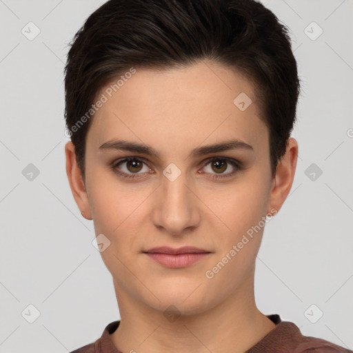 Neutral white young-adult female with short  brown hair and brown eyes