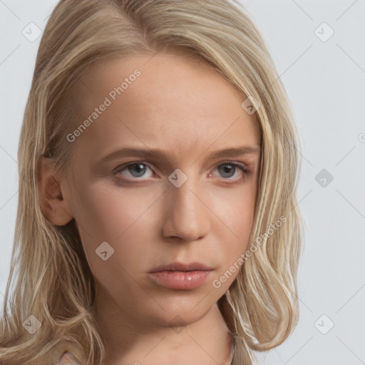 Neutral white young-adult female with long  blond hair and brown eyes