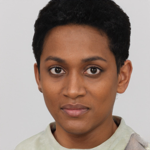 Neutral black young-adult female with short  black hair and brown eyes
