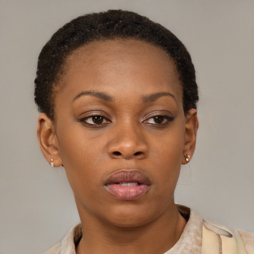 Neutral black young-adult female with short  brown hair and brown eyes