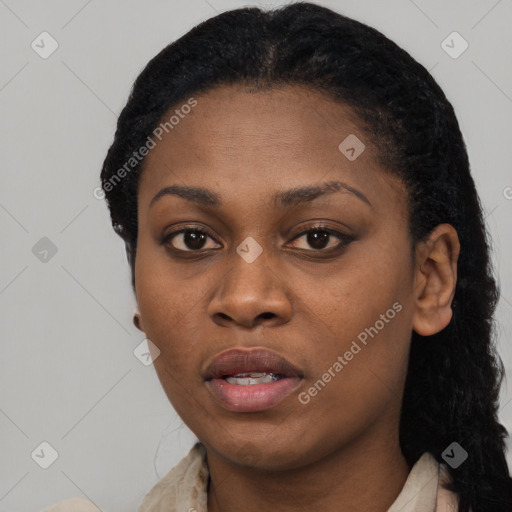 Neutral black young-adult female with short  black hair and brown eyes