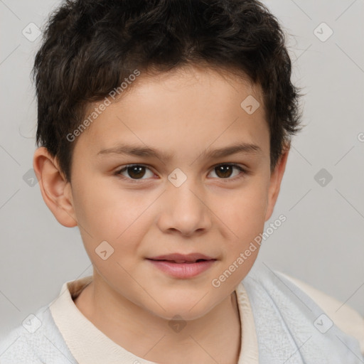 Joyful white child male with short  brown hair and brown eyes