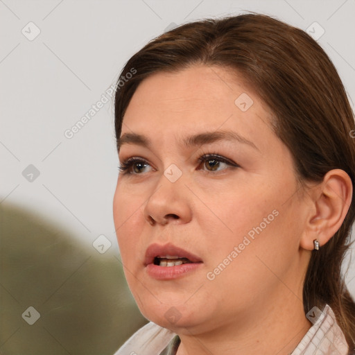 Neutral white young-adult female with medium  brown hair and brown eyes