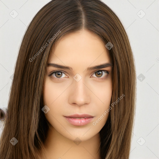 Neutral white young-adult female with long  brown hair and brown eyes