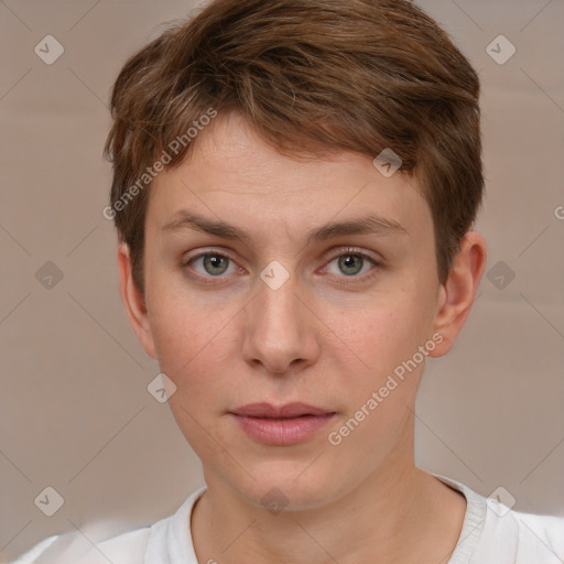 Neutral white young-adult male with short  brown hair and brown eyes