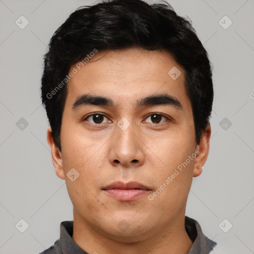 Neutral asian young-adult male with short  black hair and brown eyes