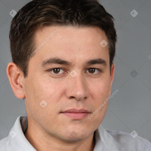 Neutral white young-adult male with short  brown hair and brown eyes