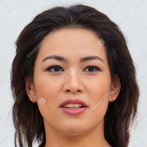 Joyful asian young-adult female with medium  brown hair and brown eyes