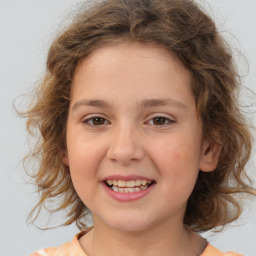 Joyful white child female with medium  brown hair and brown eyes