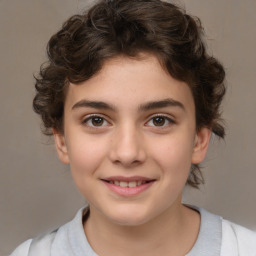 Joyful white child female with medium  brown hair and brown eyes