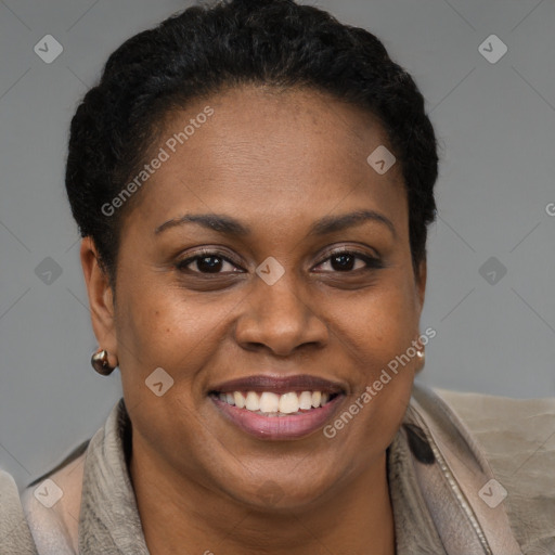 Joyful black young-adult female with short  brown hair and brown eyes