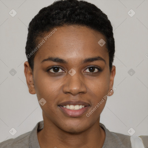 Joyful black young-adult female with short  black hair and brown eyes