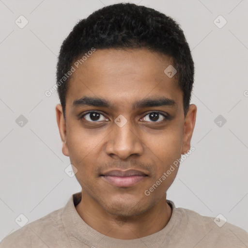 Neutral black young-adult male with short  black hair and brown eyes