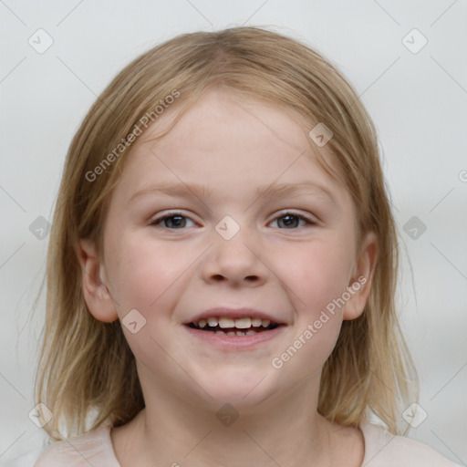 Joyful white child female with medium  brown hair and blue eyes