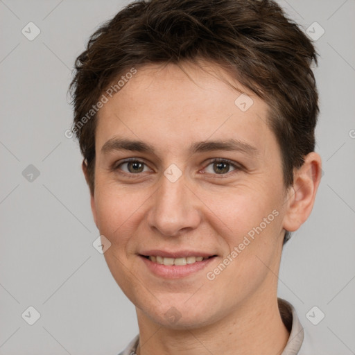 Joyful white young-adult female with short  brown hair and brown eyes