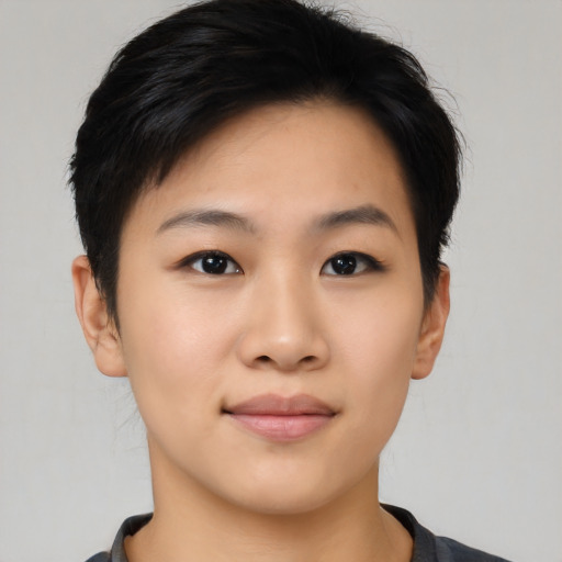 Neutral asian young-adult female with short  black hair and brown eyes