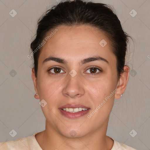 Joyful white young-adult female with short  brown hair and brown eyes