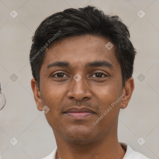 Neutral white young-adult male with short  black hair and brown eyes