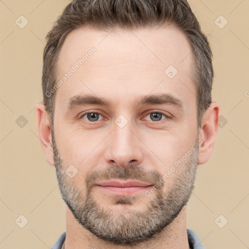 Neutral white adult male with short  brown hair and brown eyes