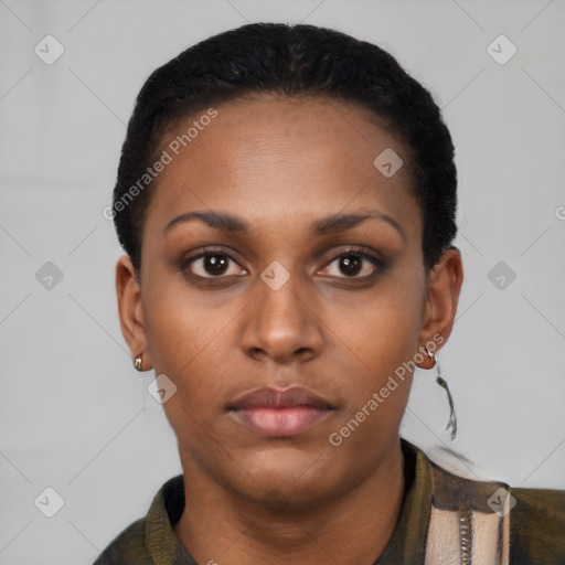 Neutral black young-adult female with short  black hair and brown eyes