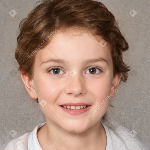 Joyful white child female with short  brown hair and brown eyes