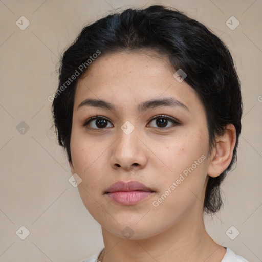 Neutral asian young-adult female with medium  brown hair and brown eyes