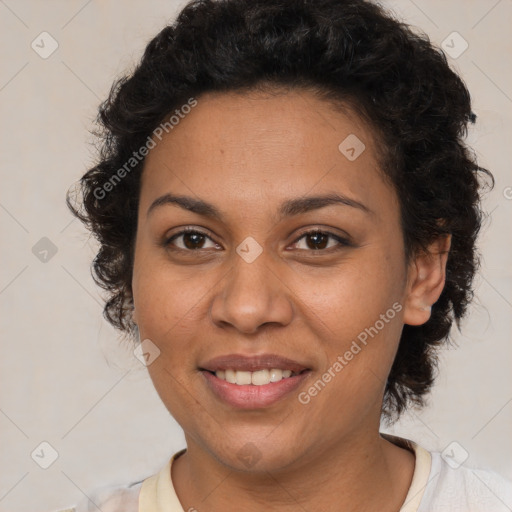 Joyful latino young-adult female with short  brown hair and brown eyes