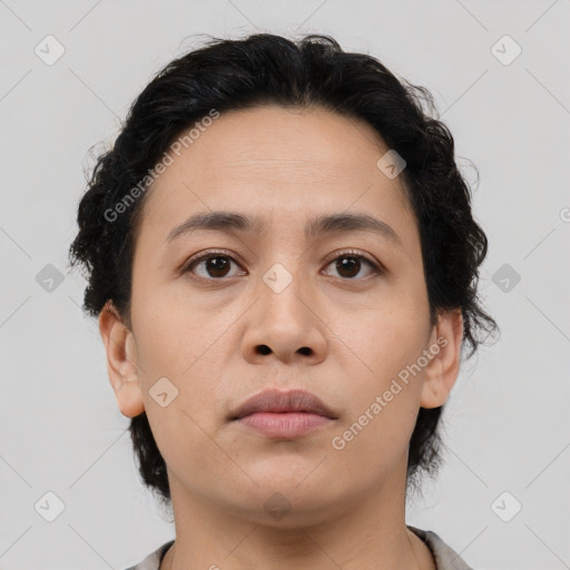 Neutral asian young-adult female with medium  brown hair and brown eyes