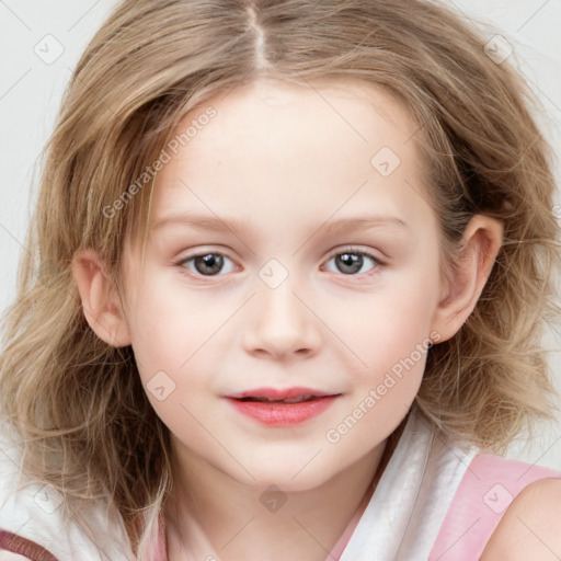 Joyful white child female with medium  brown hair and blue eyes